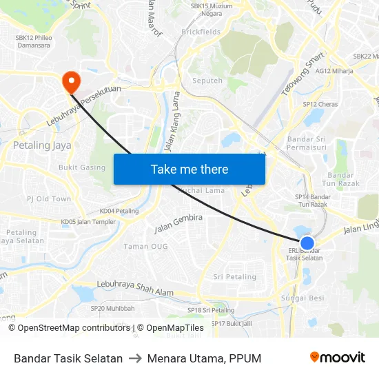 Bandar Tasik Selatan to Menara Utama, PPUM map