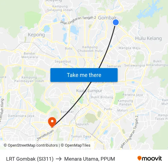 LRT Gombak (Sl311) to Menara Utama, PPUM map