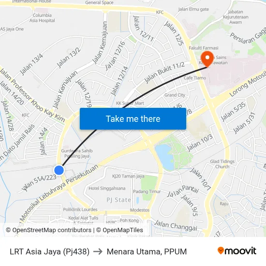 LRT Asia Jaya (Pj438) to Menara Utama, PPUM map
