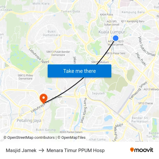 Masjid Jamek to Menara Timur PPUM Hosp map