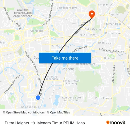 Putra Heights to Menara Timur PPUM Hosp map