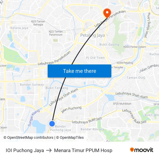 IOI Puchong Jaya to Menara Timur PPUM Hosp map