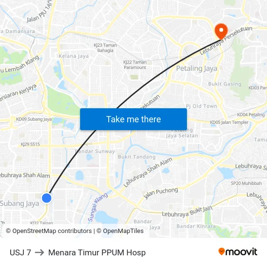 USJ 7 to Menara Timur PPUM Hosp map