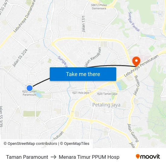 Taman Paramount to Menara Timur PPUM Hosp map