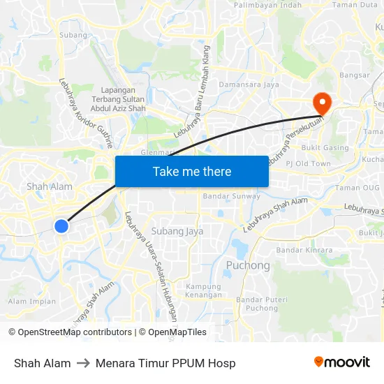 Shah Alam to Menara Timur PPUM Hosp map