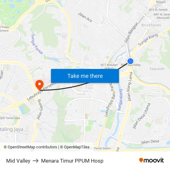 Mid Valley to Menara Timur PPUM Hosp map