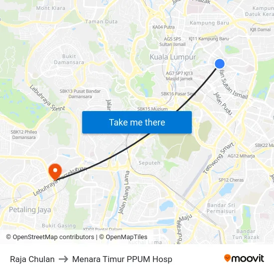 Raja Chulan to Menara Timur PPUM Hosp map