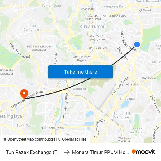 Tun Razak Exchange (Trx) to Menara Timur PPUM Hosp map