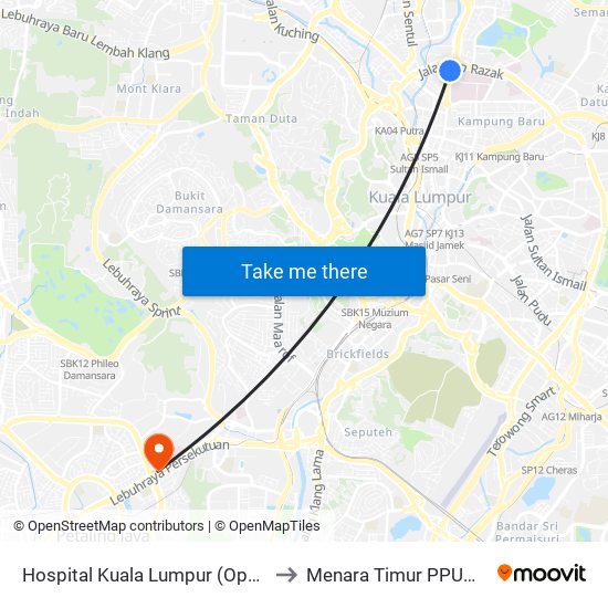 Hospital Kuala Lumpur (Opp) (Kl54) to Menara Timur PPUM Hosp map