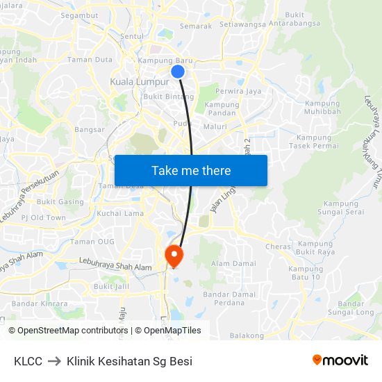 KLCC to Klinik Kesihatan Sg Besi map
