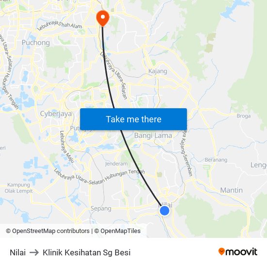 Nilai to Klinik Kesihatan Sg Besi map