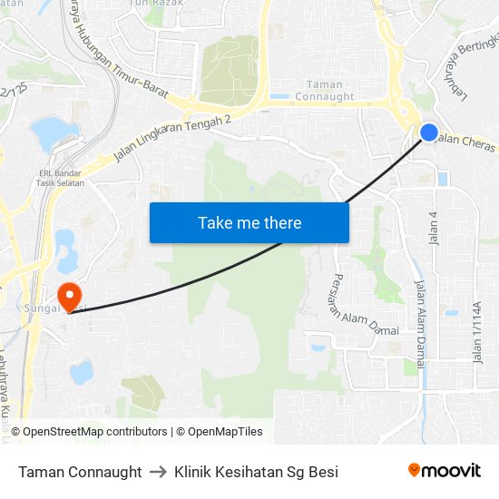 Taman Connaught to Klinik Kesihatan Sg Besi map