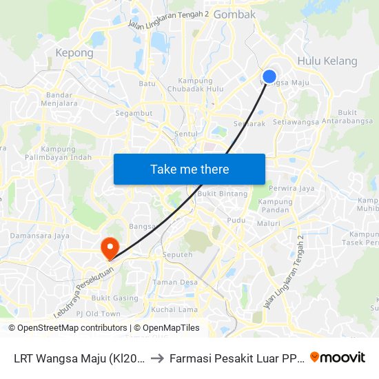 LRT Wangsa Maju (Kl2097) to Farmasi Pesakit Luar PPUM map