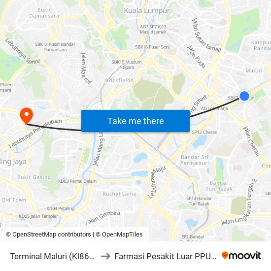 Terminal Maluri (Kl869) to Farmasi Pesakit Luar PPUM map