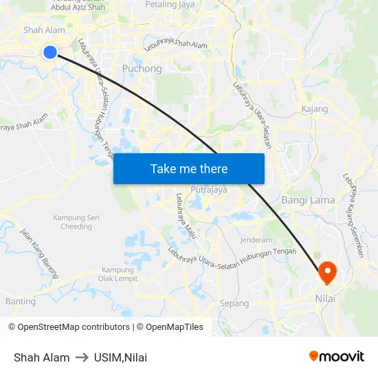Shah Alam to USIM,Nilai map