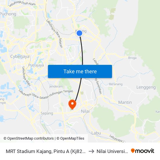 MRT Stadium Kajang, Pintu A (Kj822) to Nilai University map