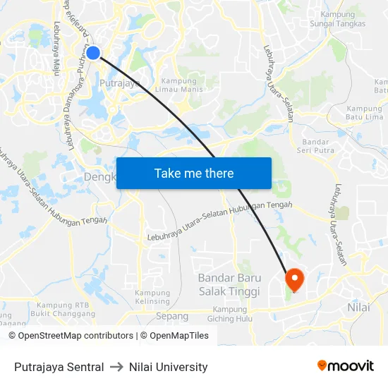 Putrajaya Sentral to Nilai University map
