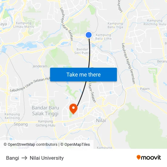 Bangi to Nilai University map