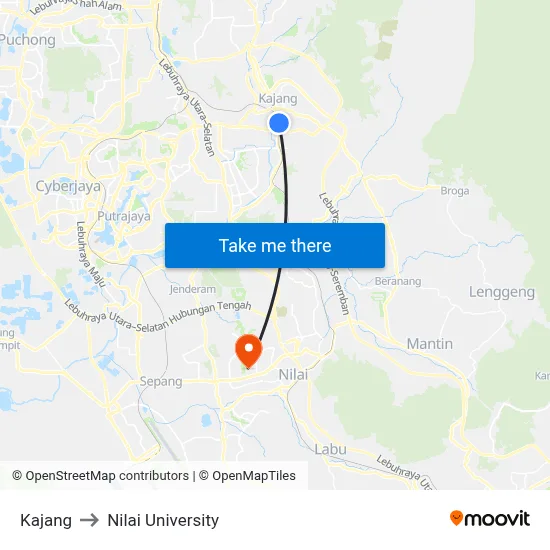 Kajang to Nilai University map