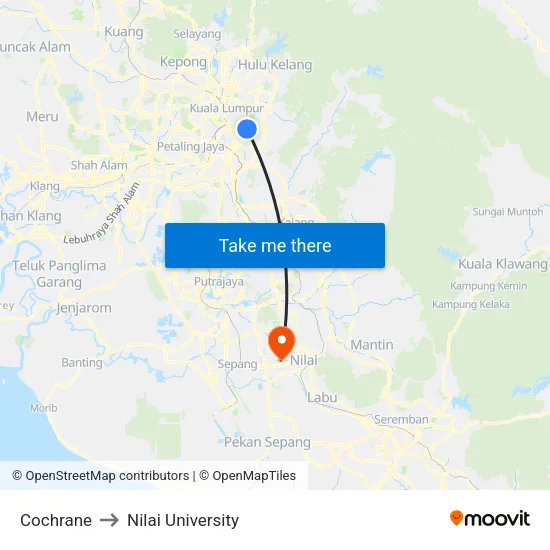 Cochrane to Nilai University map
