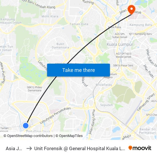 Asia Jaya to Unit Forensik @ General Hospital Kuala Lumpur map