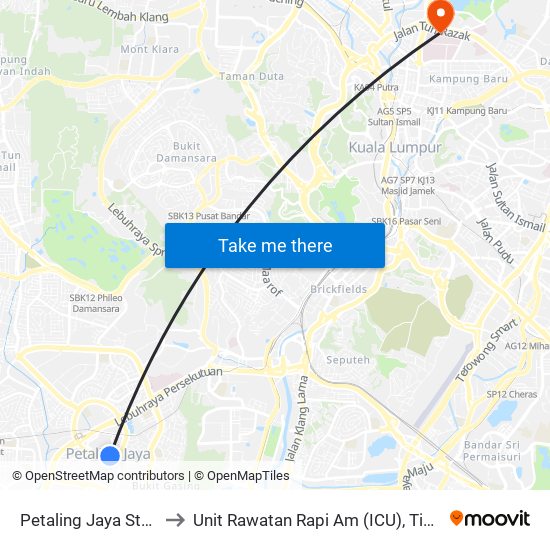 Petaling Jaya State (Utara) (Pj433) to Unit Rawatan Rapi Am (ICU), Tingkat 3 - Hospital Kuala Lumpur map