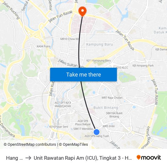 Hang Tuah to Unit Rawatan Rapi Am (ICU), Tingkat 3 - Hospital Kuala Lumpur map