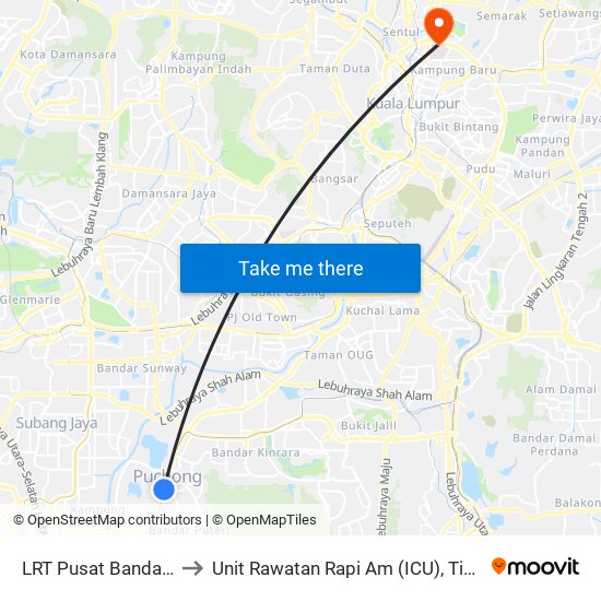 LRT Pusat Bandar Puchong (Sj735) to Unit Rawatan Rapi Am (ICU), Tingkat 3 - Hospital Kuala Lumpur map