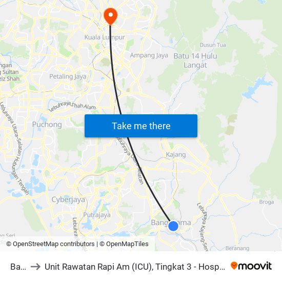 Bangi to Unit Rawatan Rapi Am (ICU), Tingkat 3 - Hospital Kuala Lumpur map