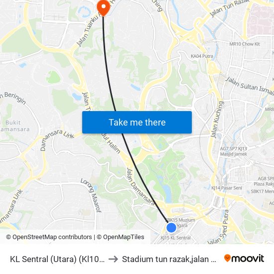 KL Sentral (Utara) (Kl1077) to Stadium tun razak,jalan duta map
