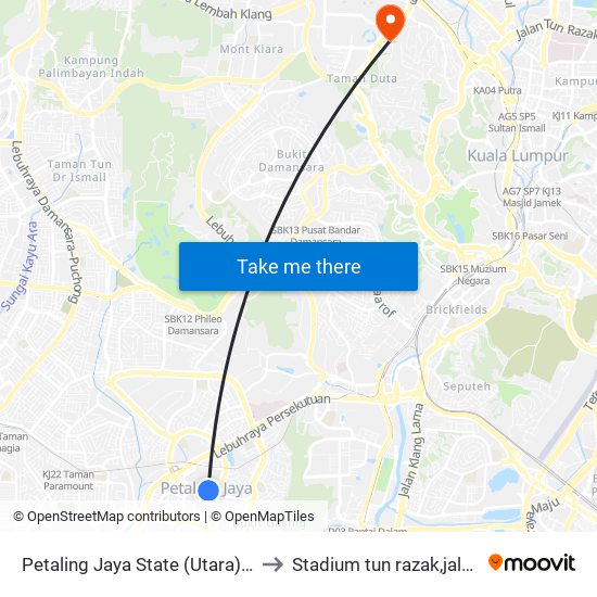 Petaling Jaya State (Utara) (Pj433) to Stadium tun razak,jalan duta map