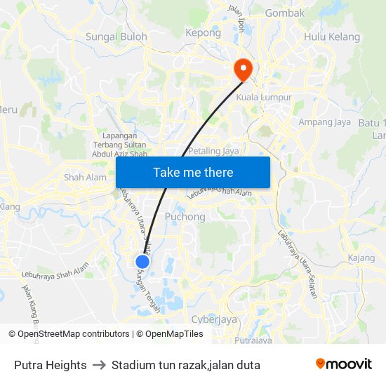 Putra Heights to Stadium tun razak,jalan duta map