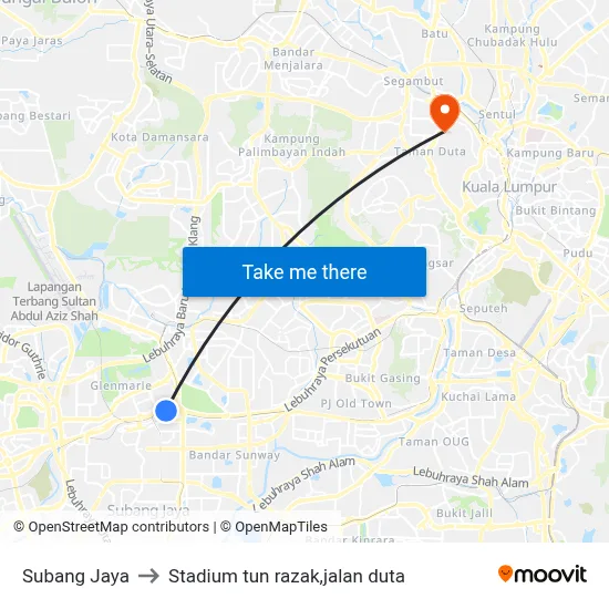 Subang Jaya to Stadium tun razak,jalan duta map