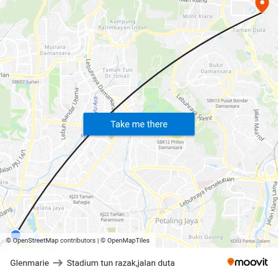 Glenmarie to Stadium tun razak,jalan duta map
