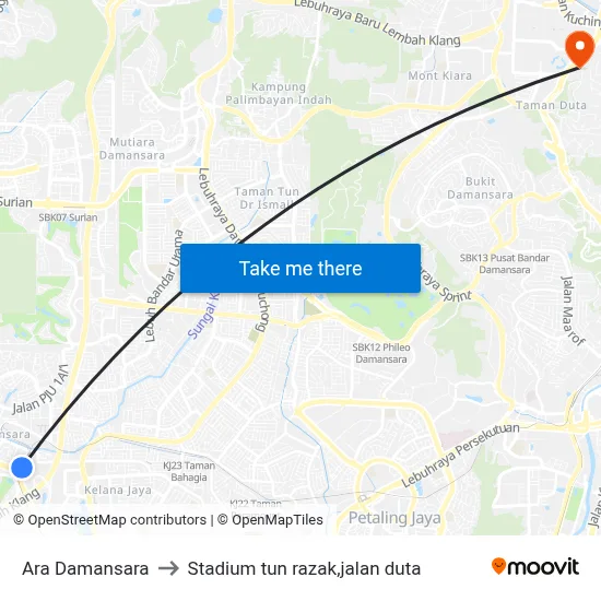 Ara Damansara to Stadium tun razak,jalan duta map