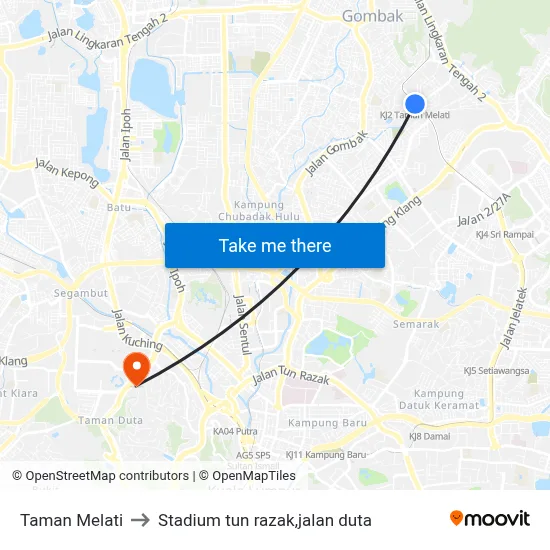 Taman Melati to Stadium tun razak,jalan duta map