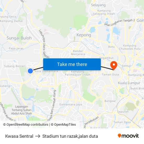 Kwasa Sentral to Stadium tun razak,jalan duta map