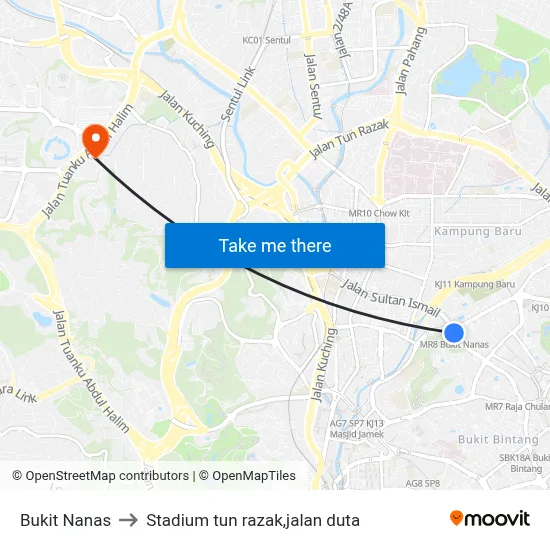 Bukit Nanas to Stadium tun razak,jalan duta map