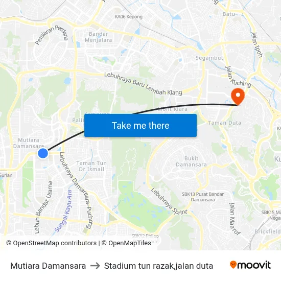 Mutiara Damansara to Stadium tun razak,jalan duta map
