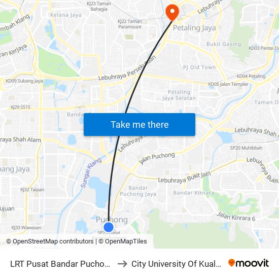 LRT Pusat Bandar Puchong (Sj735) to City University Of Kuala Lumpur map
