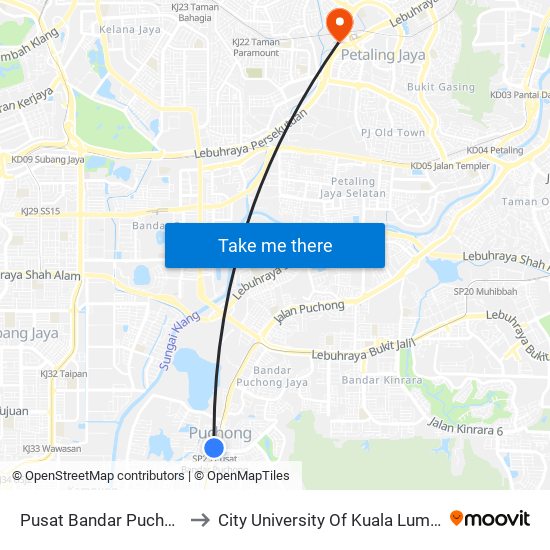Pusat Bandar Puchong to City University Of Kuala Lumpur map