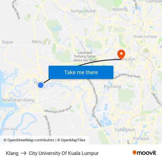 Klang to City University Of Kuala Lumpur map