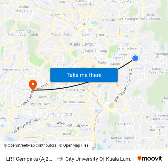 LRT Cempaka (Aj219) to City University Of Kuala Lumpur map