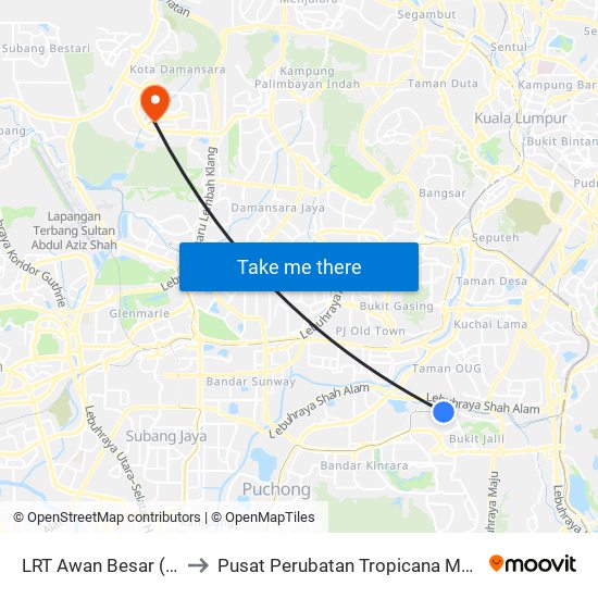 LRT Awan Besar (Kl2324) to Pusat Perubatan Tropicana Medical Centre map