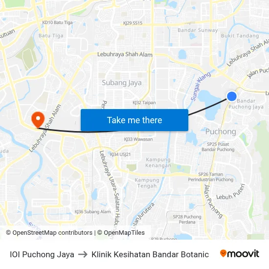 IOI Puchong Jaya to Klinik Kesihatan Bandar Botanic map