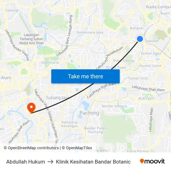Abdullah Hukum to Klinik Kesihatan Bandar Botanic map