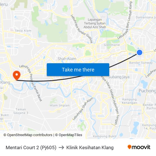 Mentari Court 2 (Pj605) to Klinik Kesihatan Klang map