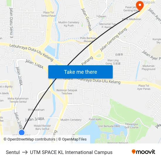 Sentul to UTM SPACE KL International Campus map