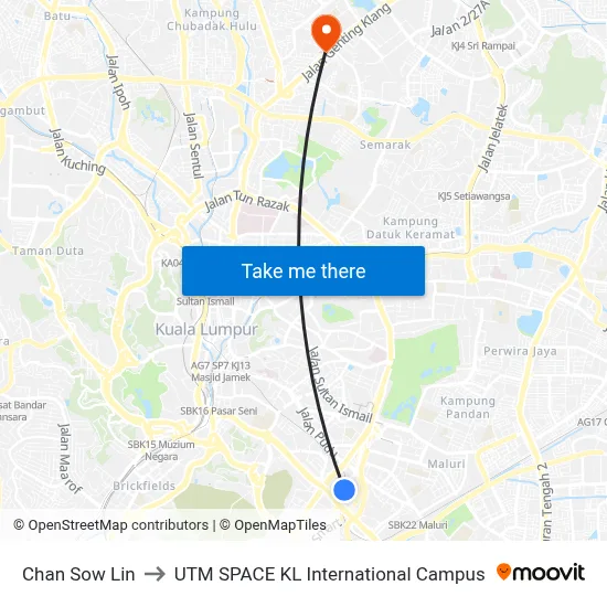 Chan Sow Lin to UTM SPACE KL International Campus map