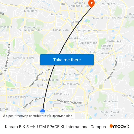 Kinrara B.K.5 to UTM SPACE KL International Campus map